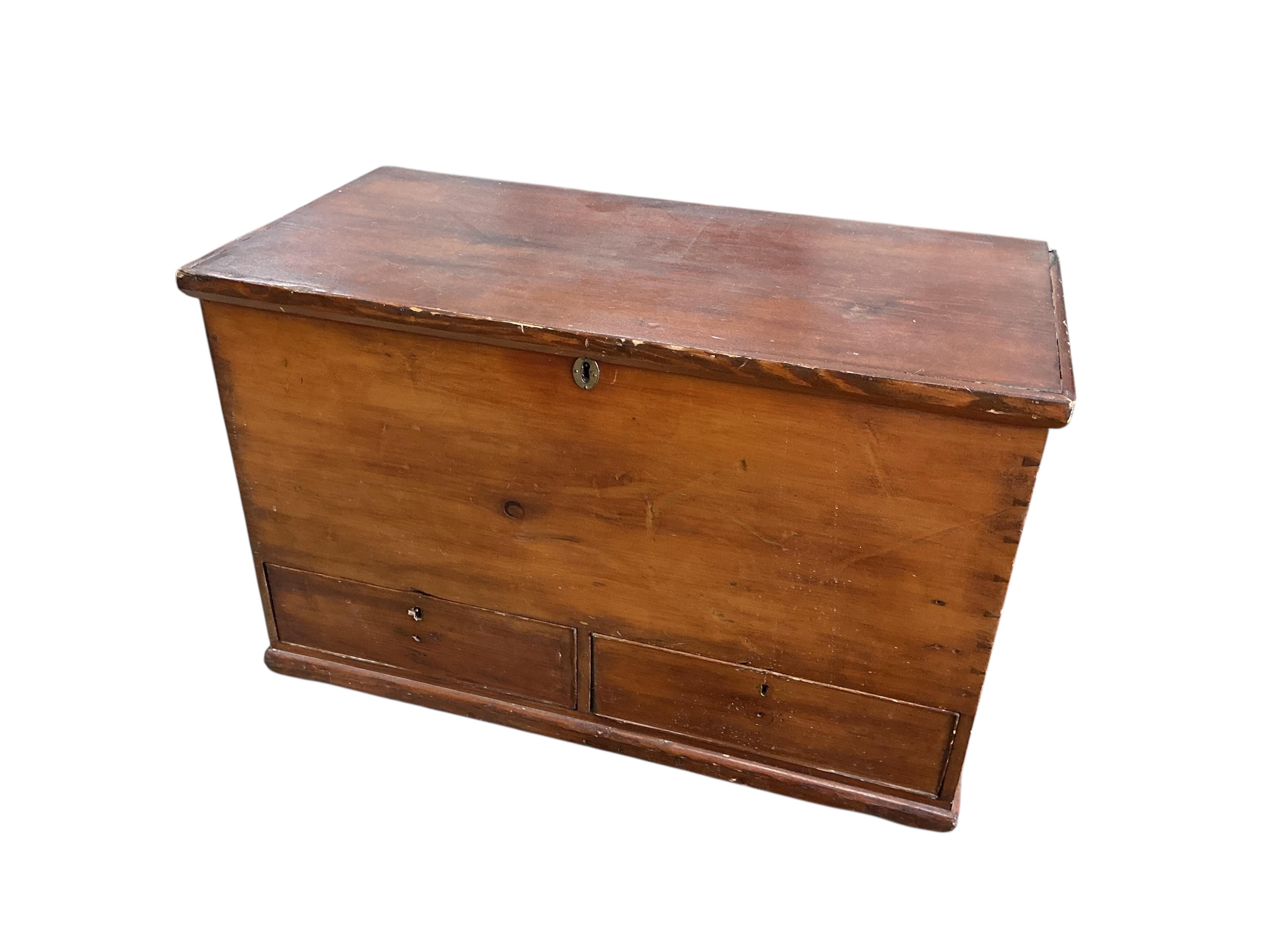 A Victorian pine two drawer trunk, width 94cm, depth 46cm, height 79cm
